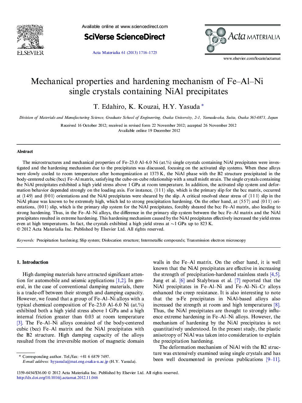 Mechanical properties and hardening mechanism of Fe–Al–Ni single crystals containing NiAl precipitates