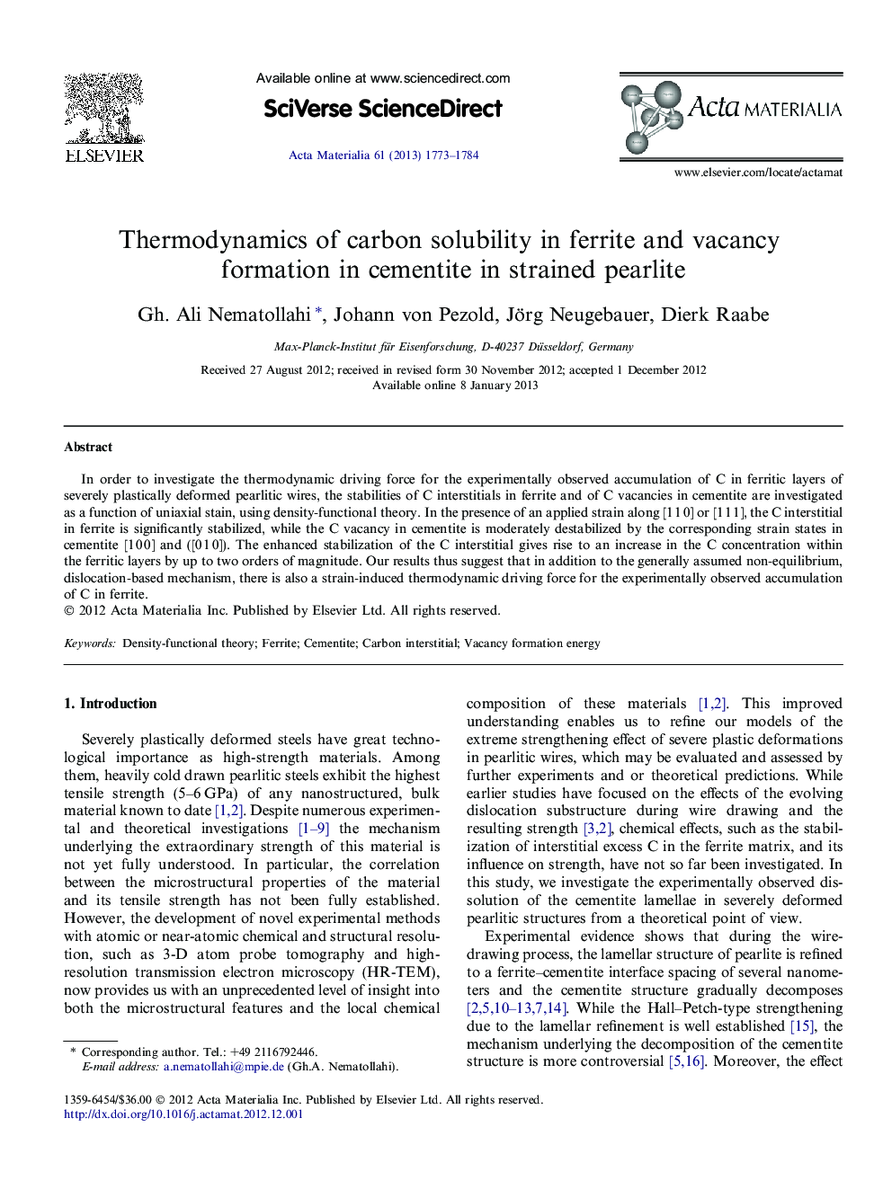 Thermodynamics of carbon solubility in ferrite and vacancy formation in cementite in strained pearlite