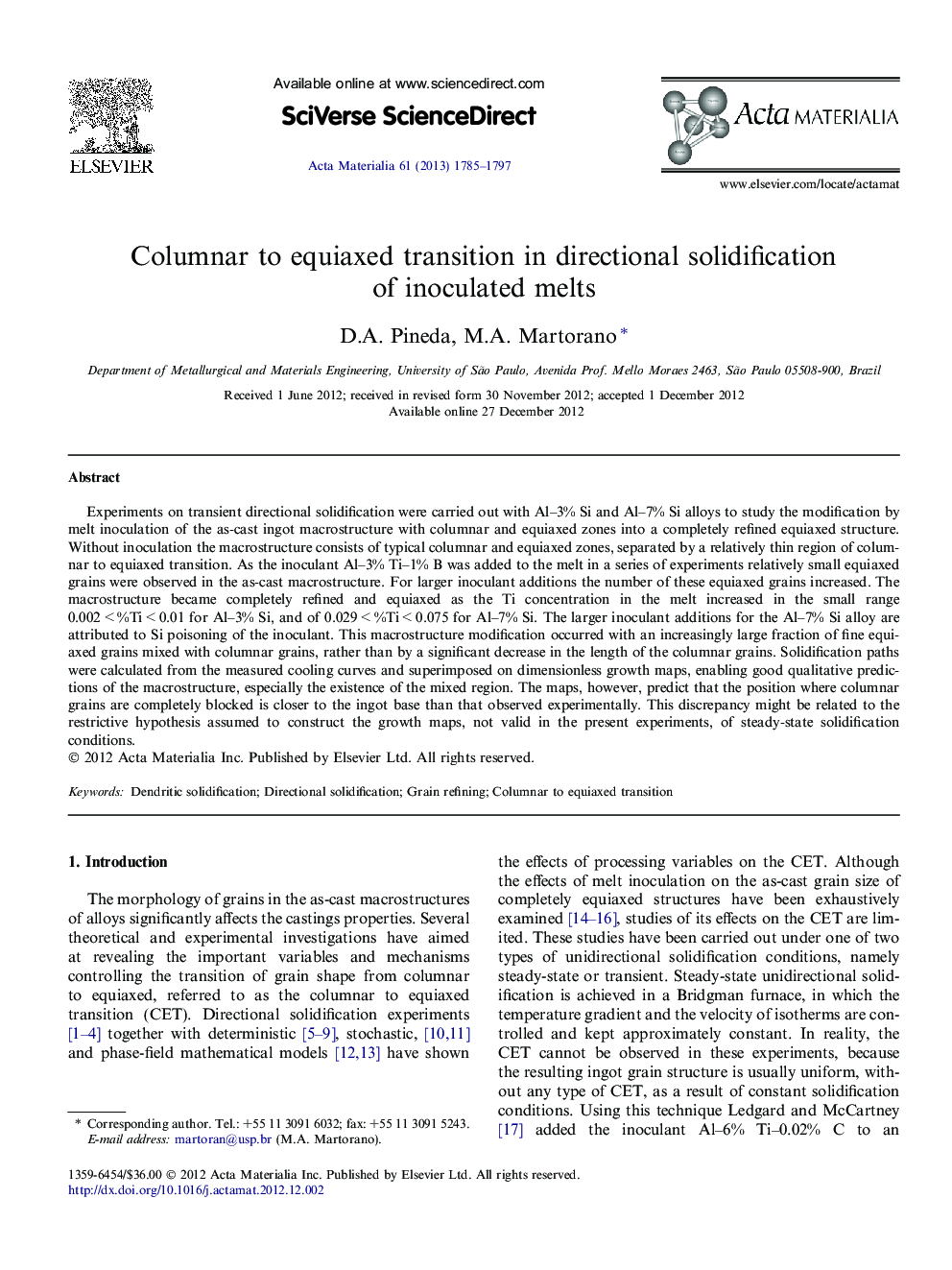 Columnar to equiaxed transition in directional solidification of inoculated melts