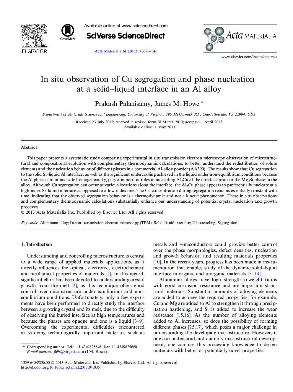 In situ observation of Cu segregation and phase nucleation at a solid–liquid interface in an Al alloy