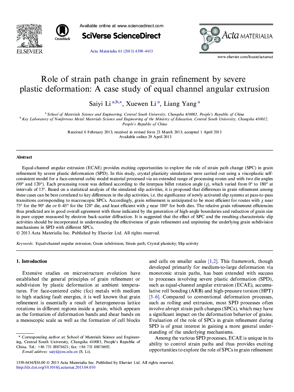 Role of strain path change in grain refinement by severe plastic deformation: A case study of equal channel angular extrusion