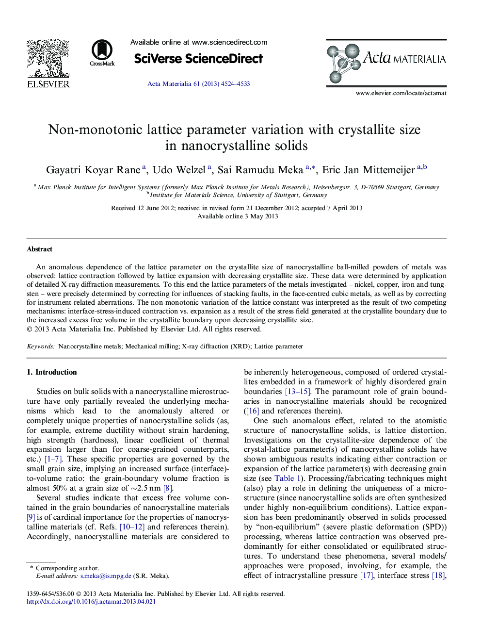 Non-monotonic lattice parameter variation with crystallite size in nanocrystalline solids