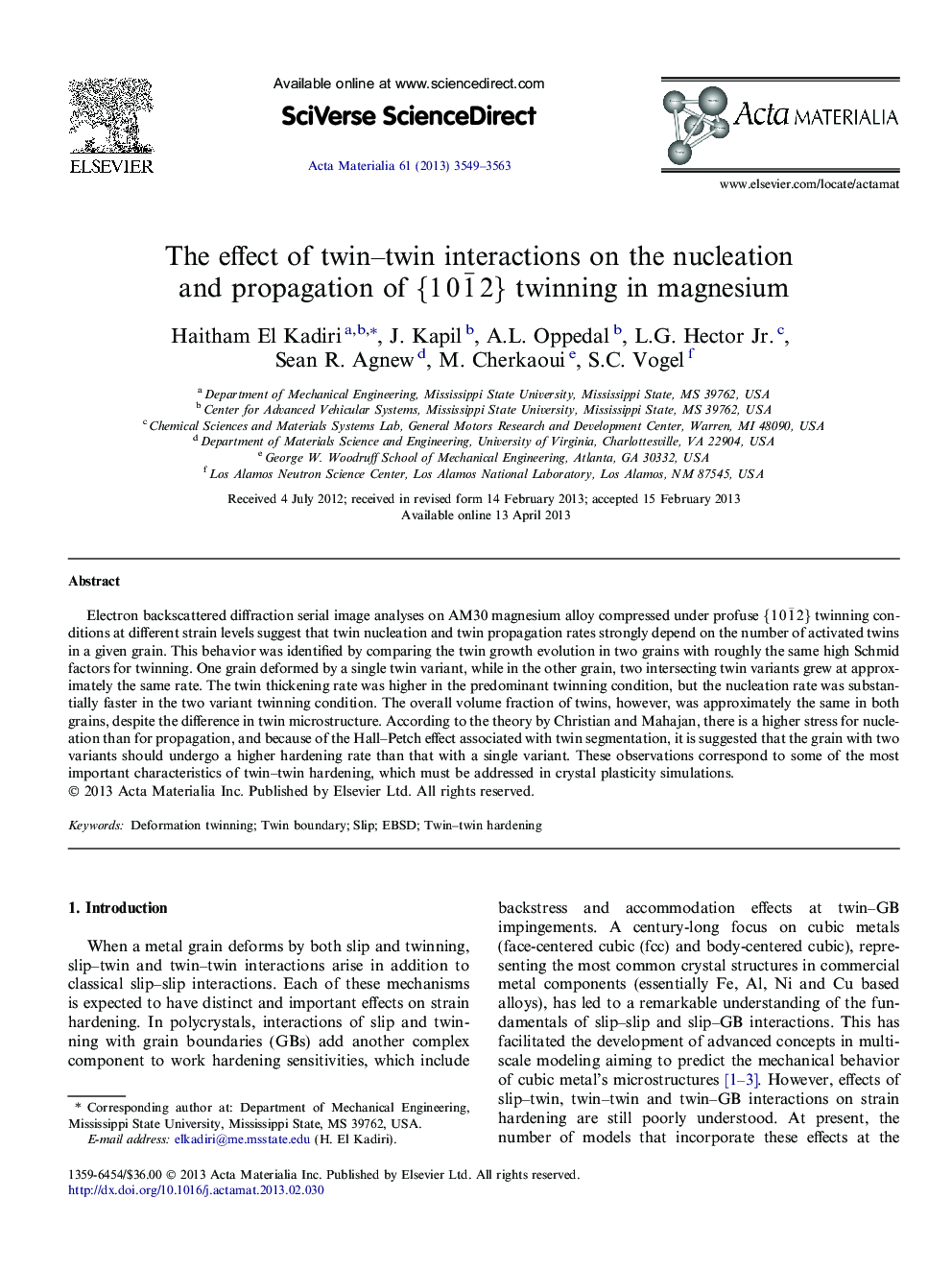 The effect of twin–twin interactions on the nucleation and propagation of {101¯2} twinning in magnesium