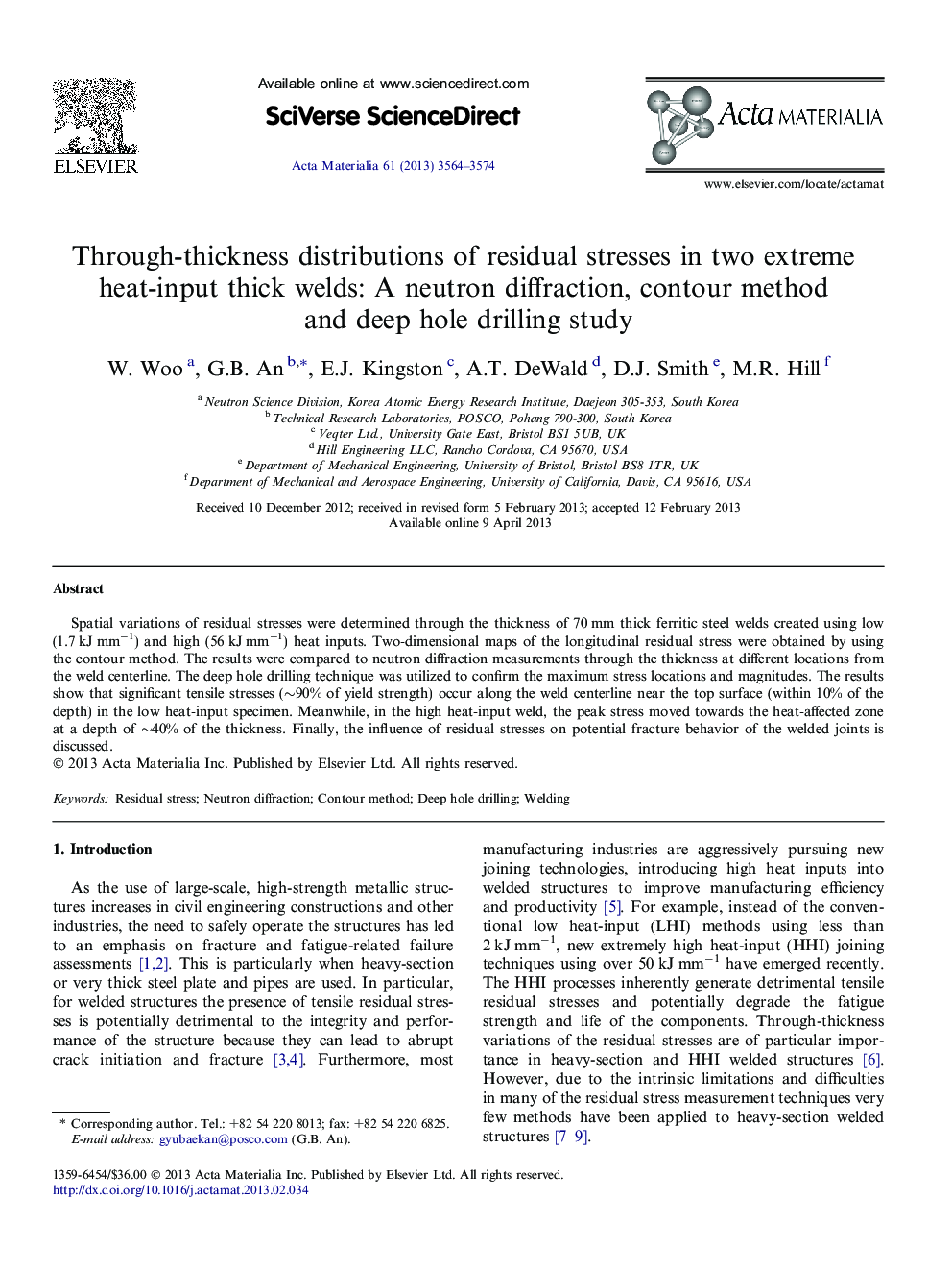 Through-thickness distributions of residual stresses in two extreme heat-input thick welds: A neutron diffraction, contour method and deep hole drilling study