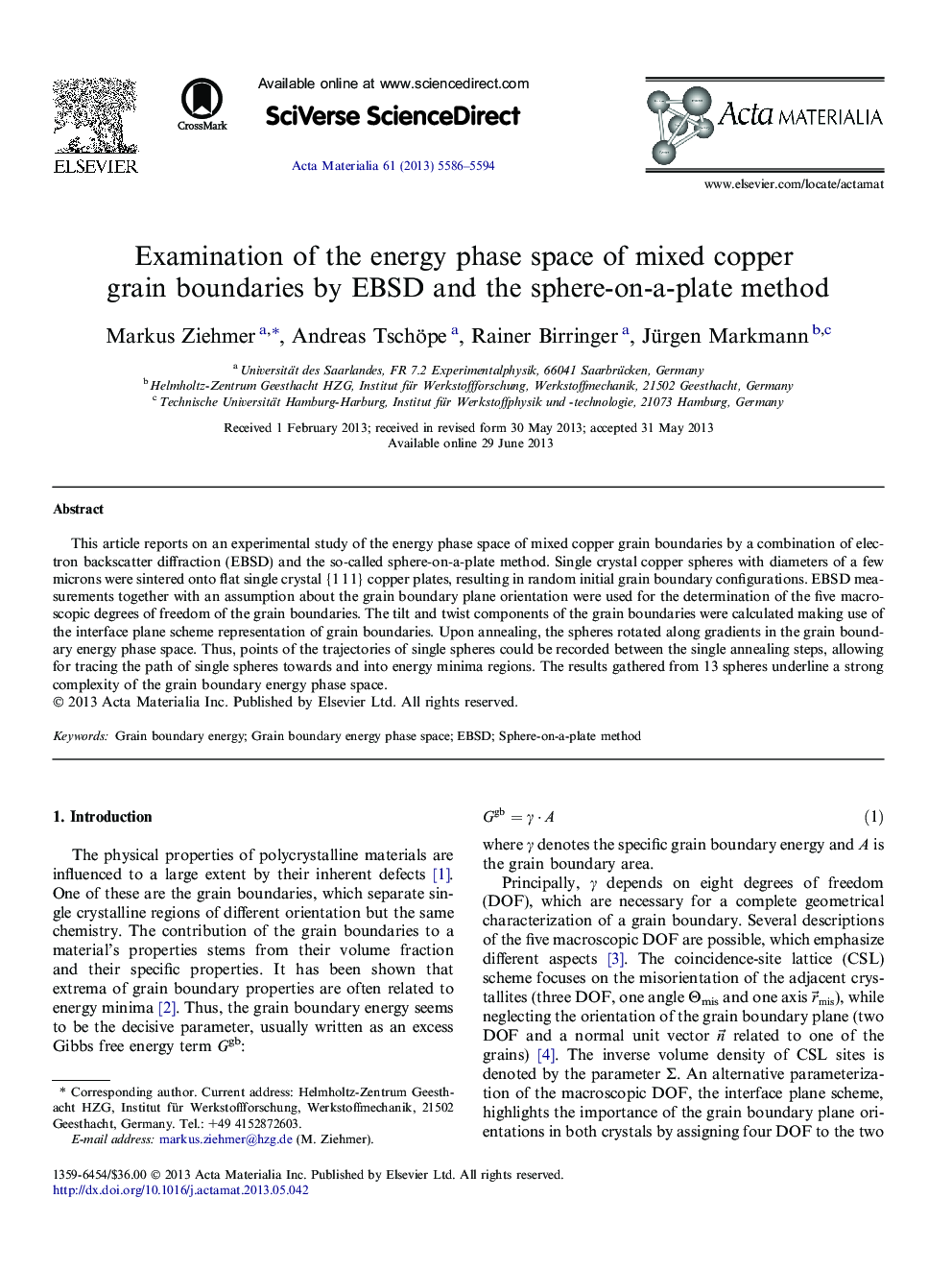 Examination of the energy phase space of mixed copper grain boundaries by EBSD and the sphere-on-a-plate method