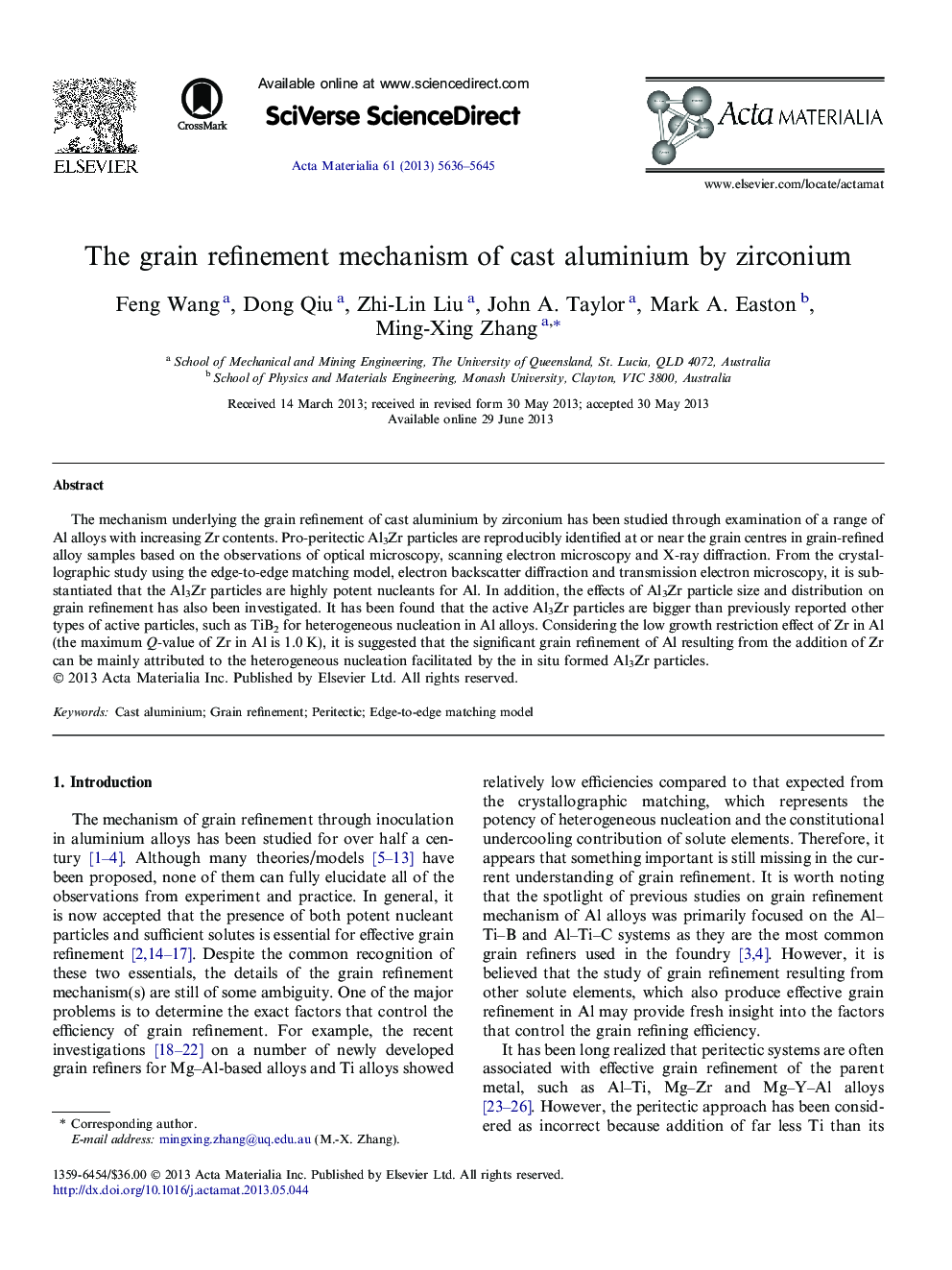 The grain refinement mechanism of cast aluminium by zirconium