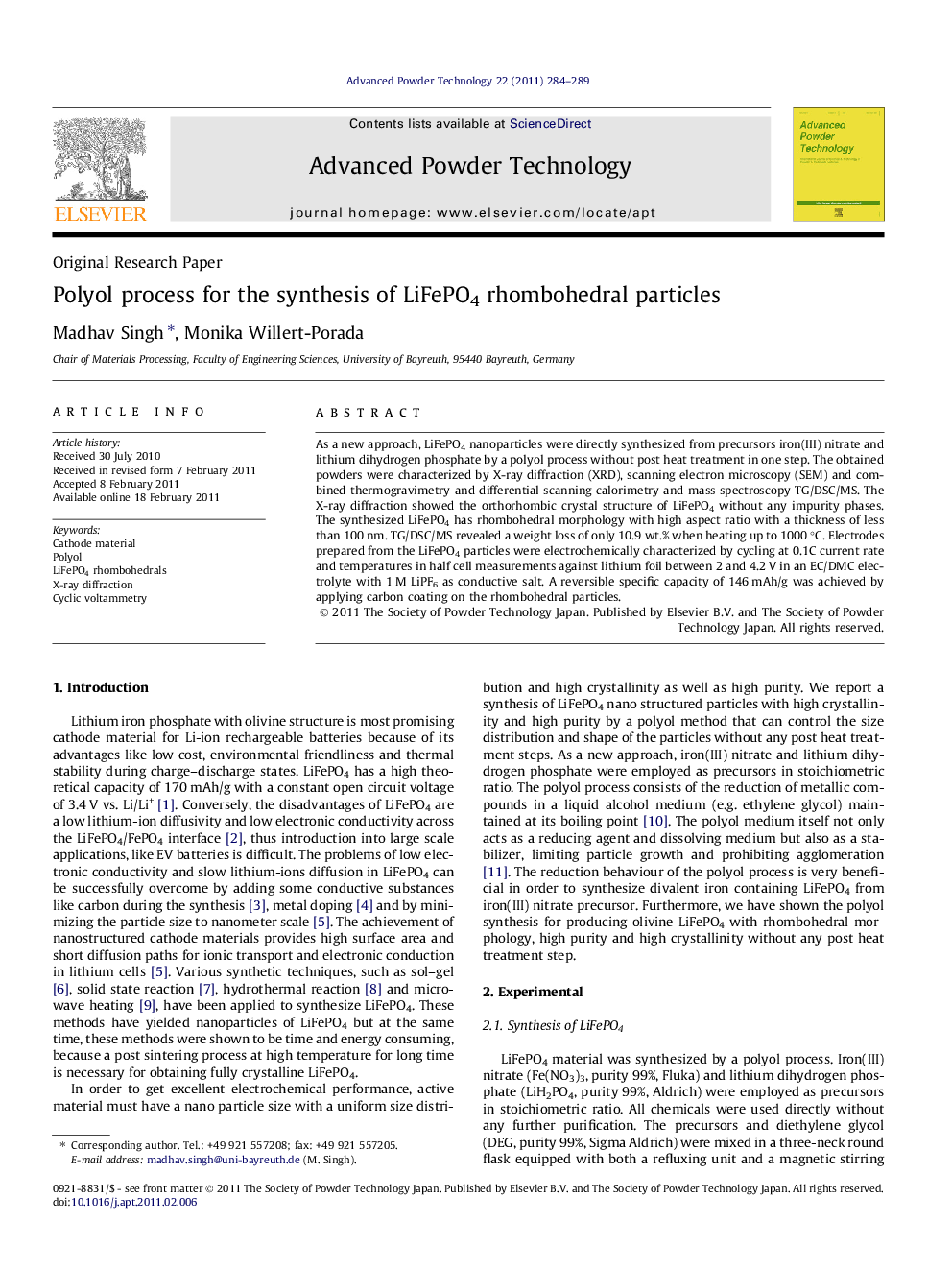 Polyol process for the synthesis of LiFePO4 rhombohedral particles