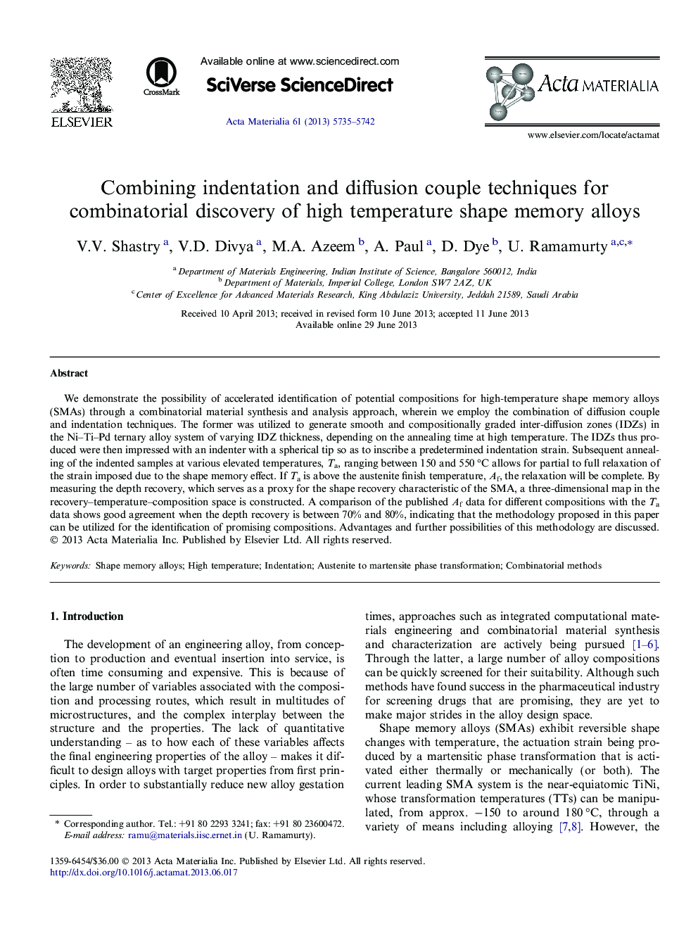 Combining indentation and diffusion couple techniques for combinatorial discovery of high temperature shape memory alloys