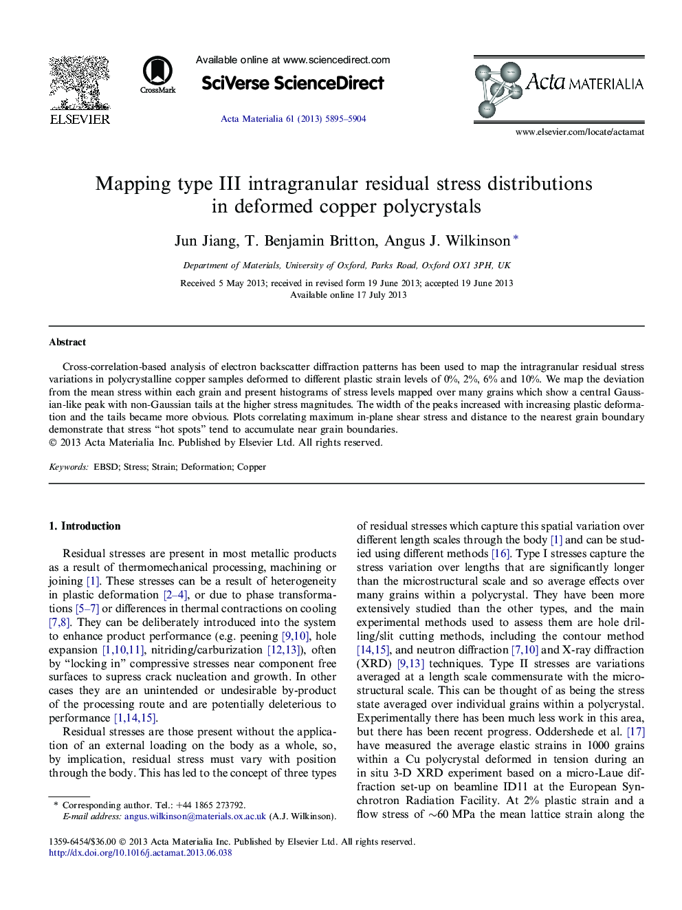 Mapping type III intragranular residual stress distributions in deformed copper polycrystals