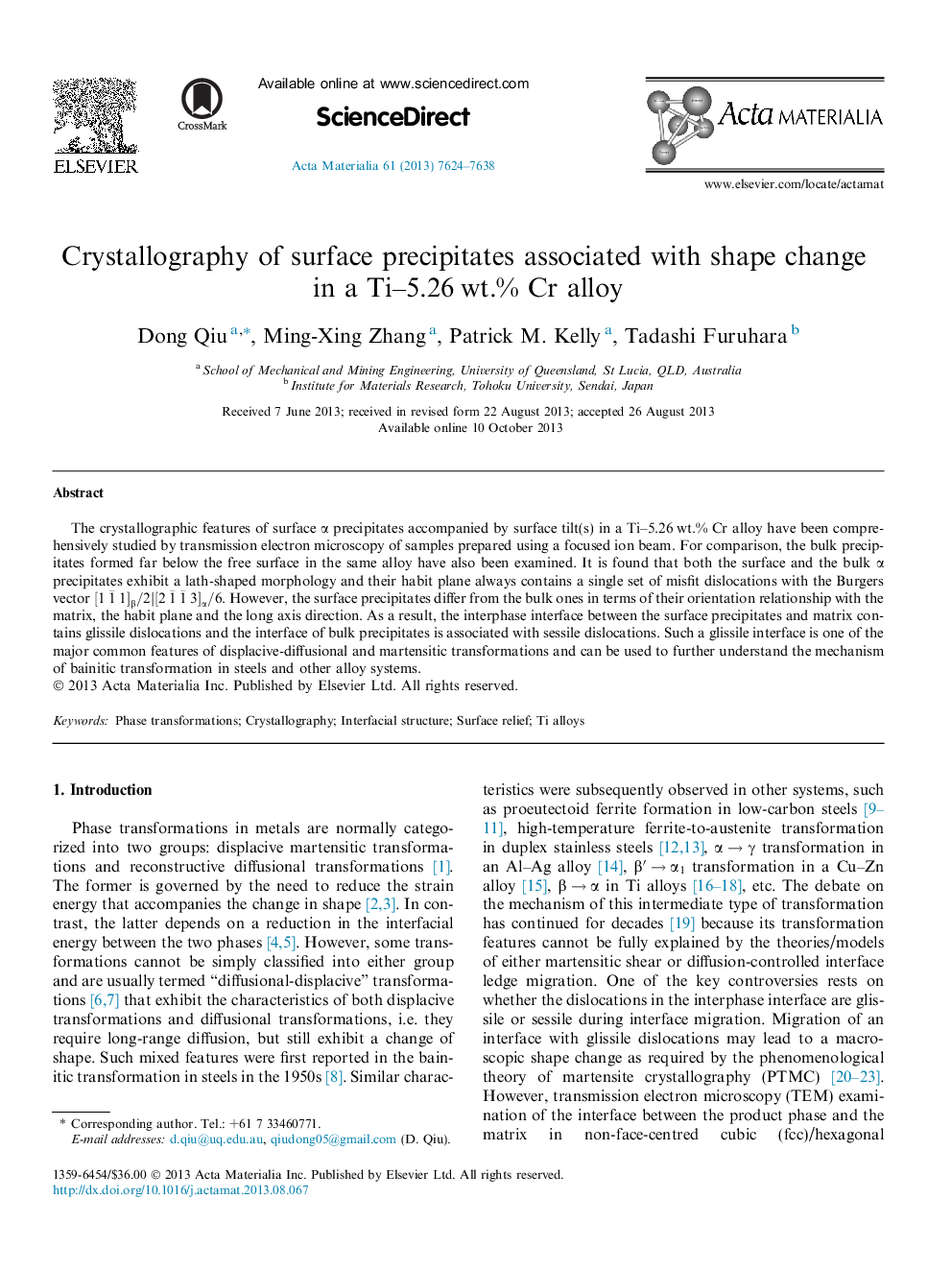 Crystallography of surface precipitates associated with shape change in a Ti–5.26 wt.% Cr alloy