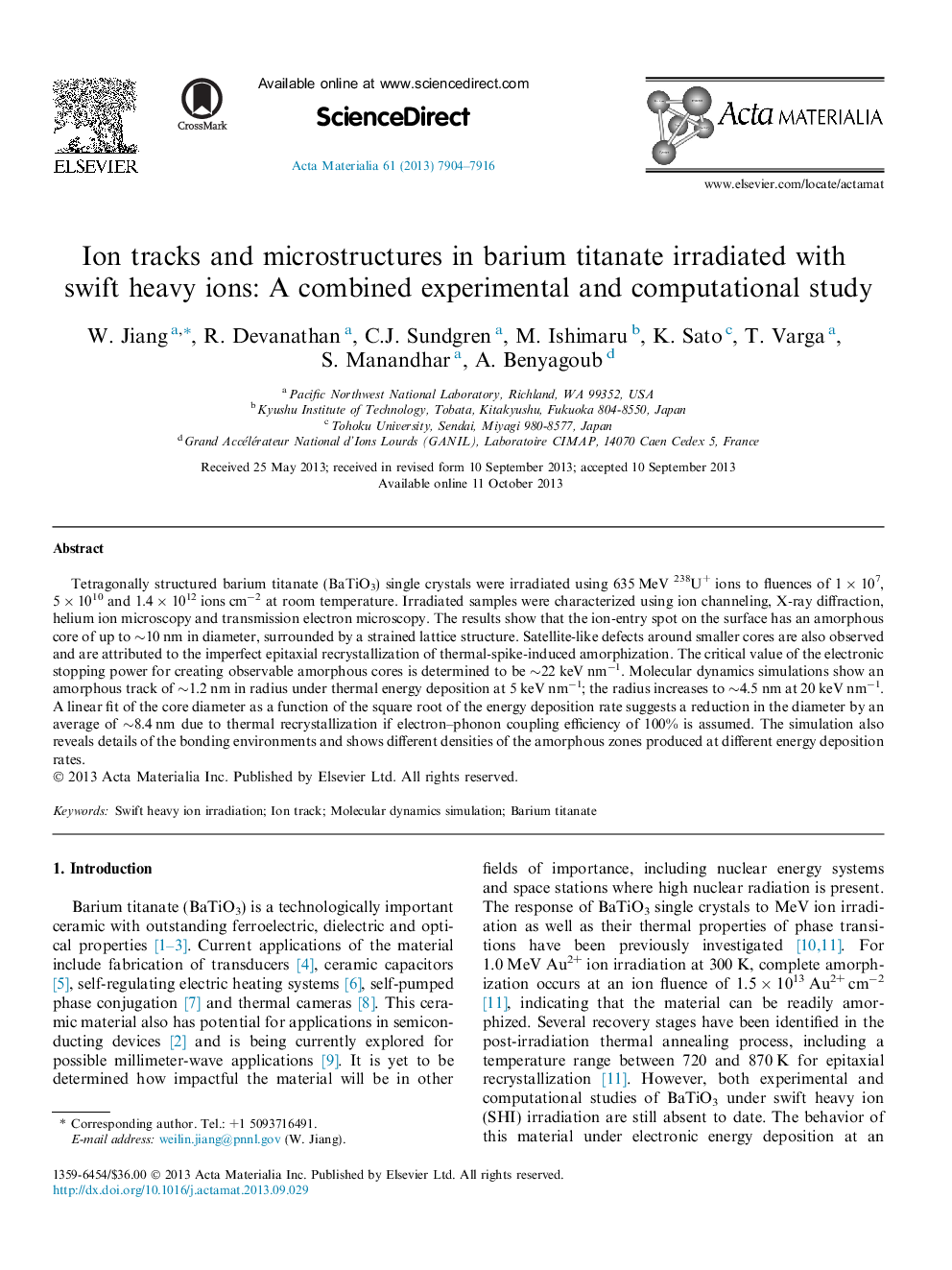 عکس صفحه اول مقاله: Ion tracks and microstructures in barium titanate irradiated with swift heavy ions: A combined experimental and computational study Ion tracks and microstructures in barium titanate irradiated with swift heavy ions: A combined experimental and computational study