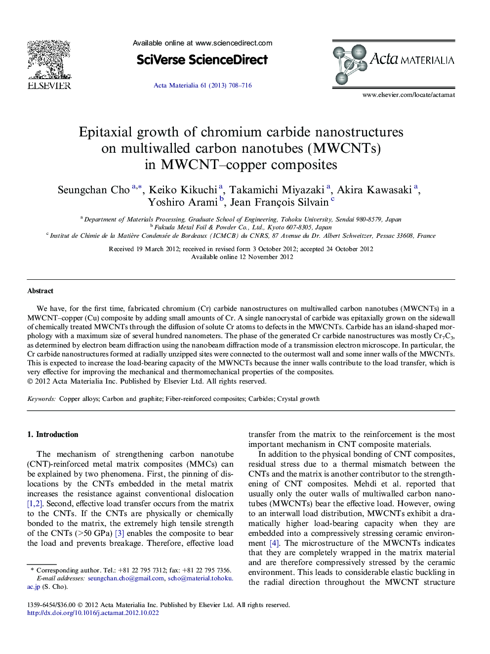 Epitaxial growth of chromium carbide nanostructures on multiwalled carbon nanotubes (MWCNTs) in MWCNT–copper composites