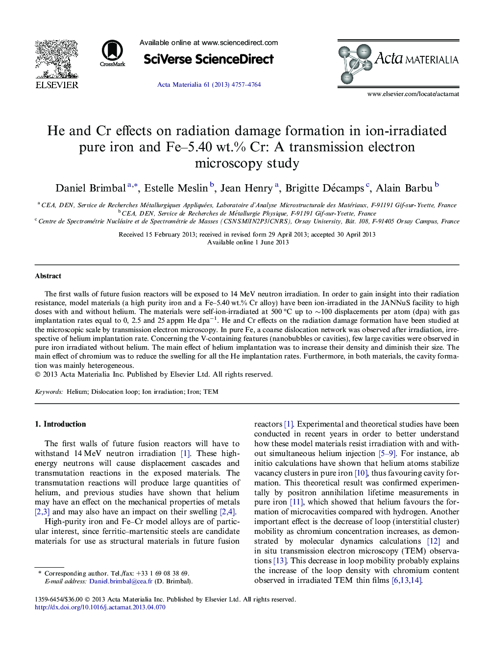 He and Cr effects on radiation damage formation in ion-irradiated pure iron and Fe–5.40 wt.% Cr: A transmission electron microscopy study