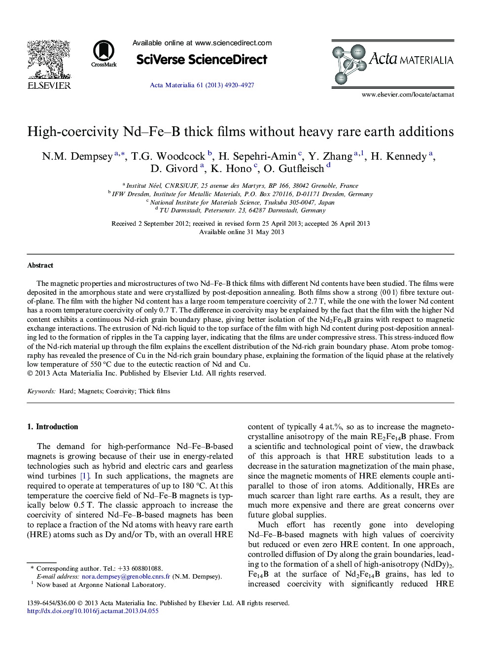 High-coercivity Nd–Fe–B thick films without heavy rare earth additions