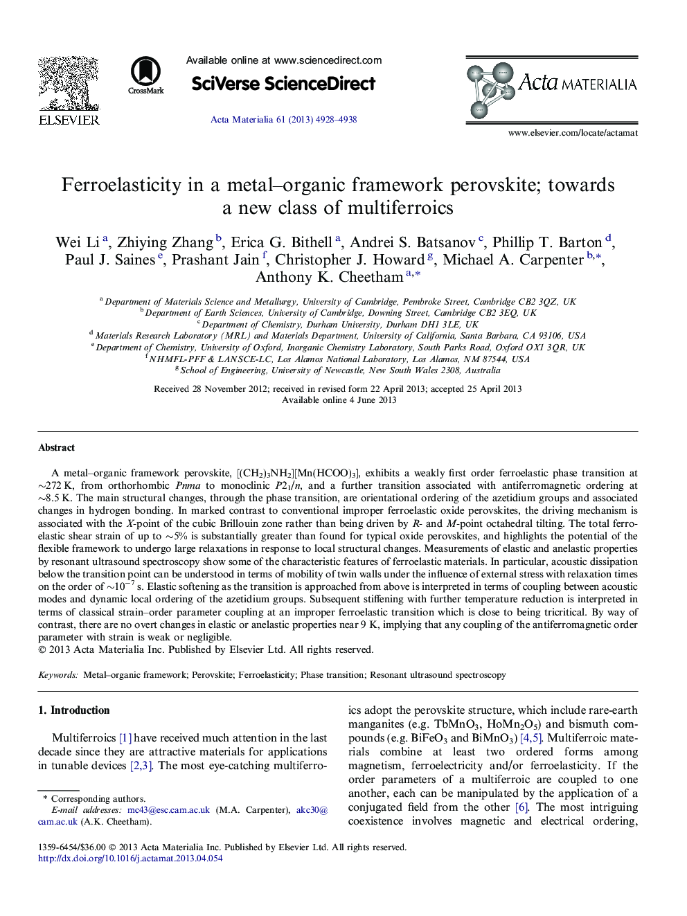 Ferroelasticity in a metal–organic framework perovskite; towards a new class of multiferroics