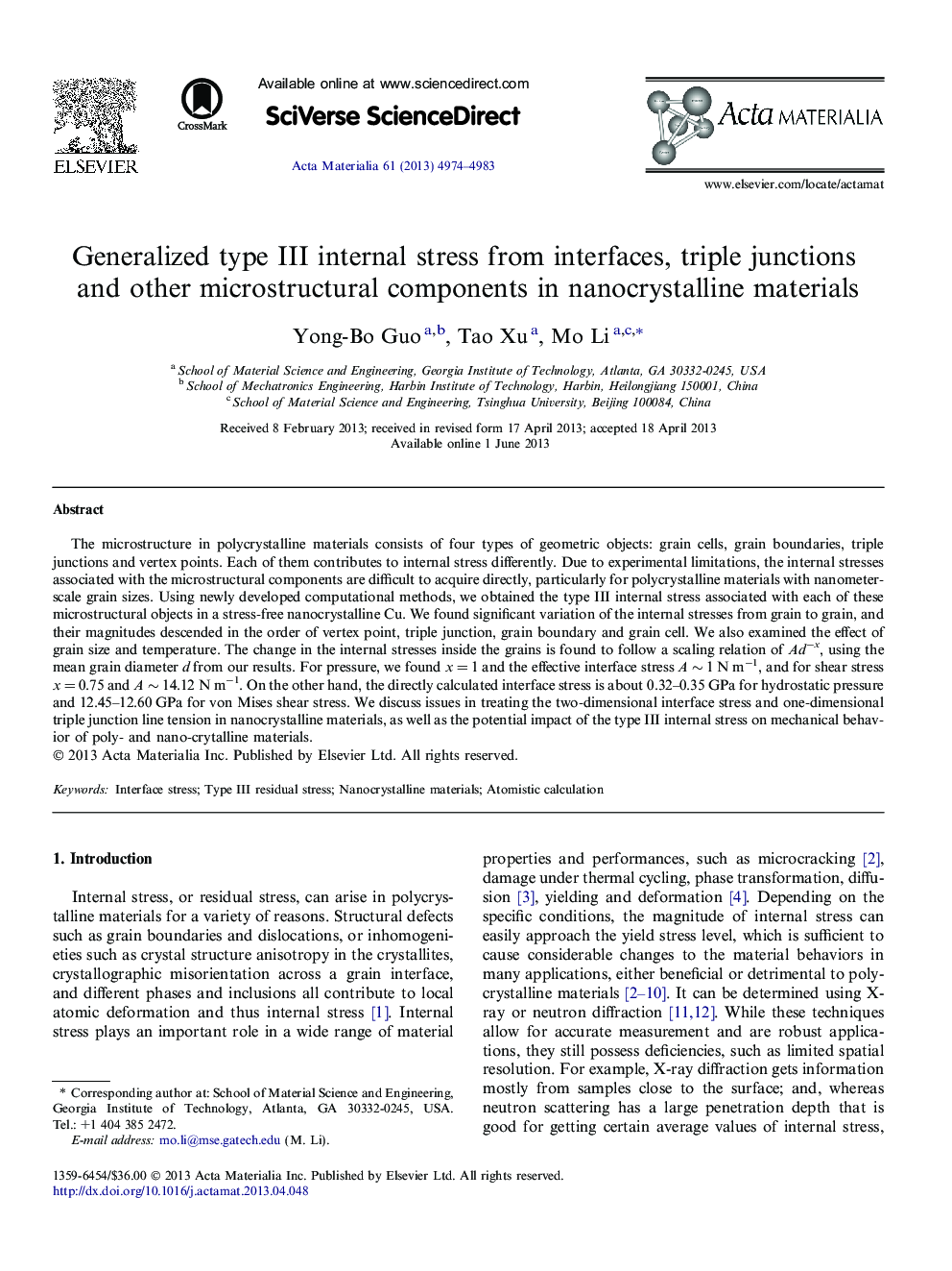 Generalized type III internal stress from interfaces, triple junctions and other microstructural components in nanocrystalline materials