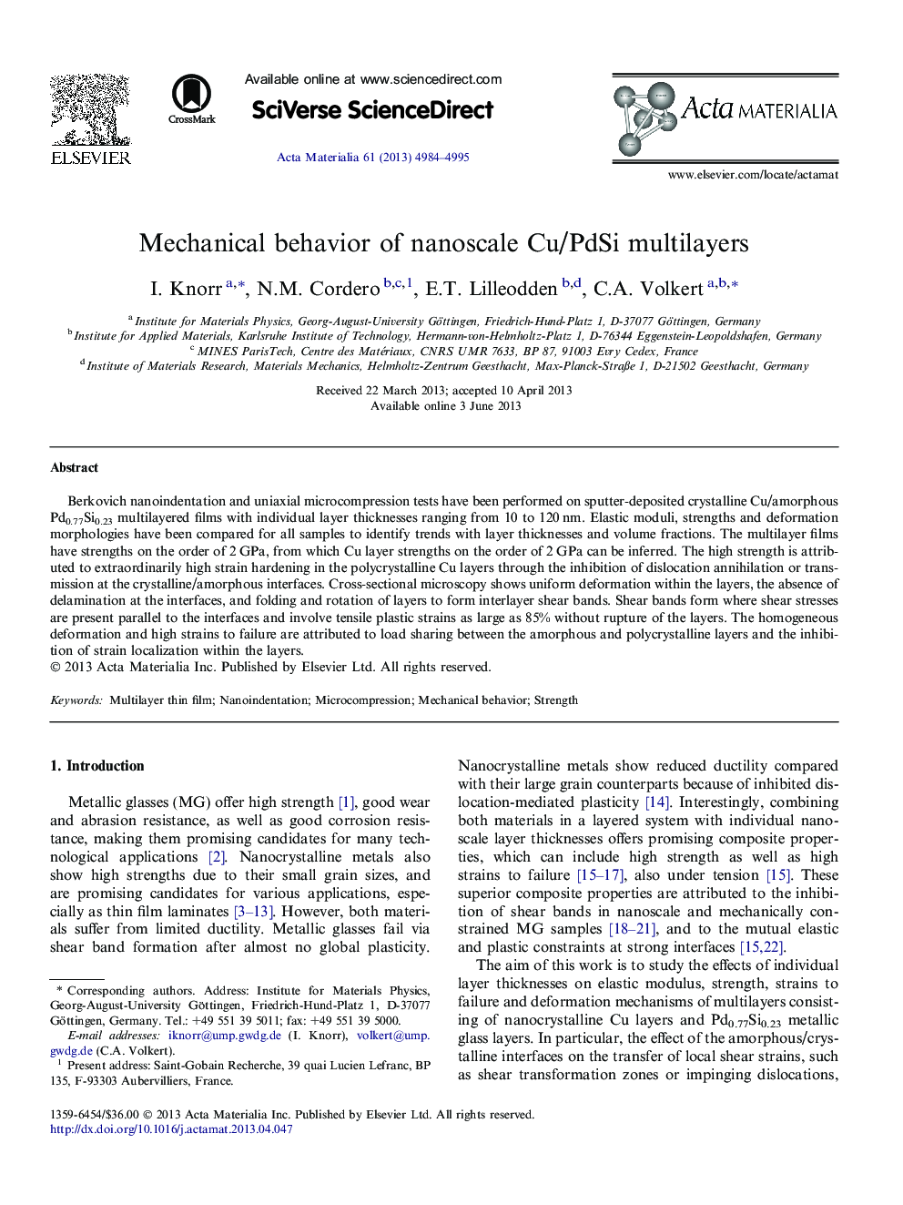 Mechanical behavior of nanoscale Cu/PdSi multilayers