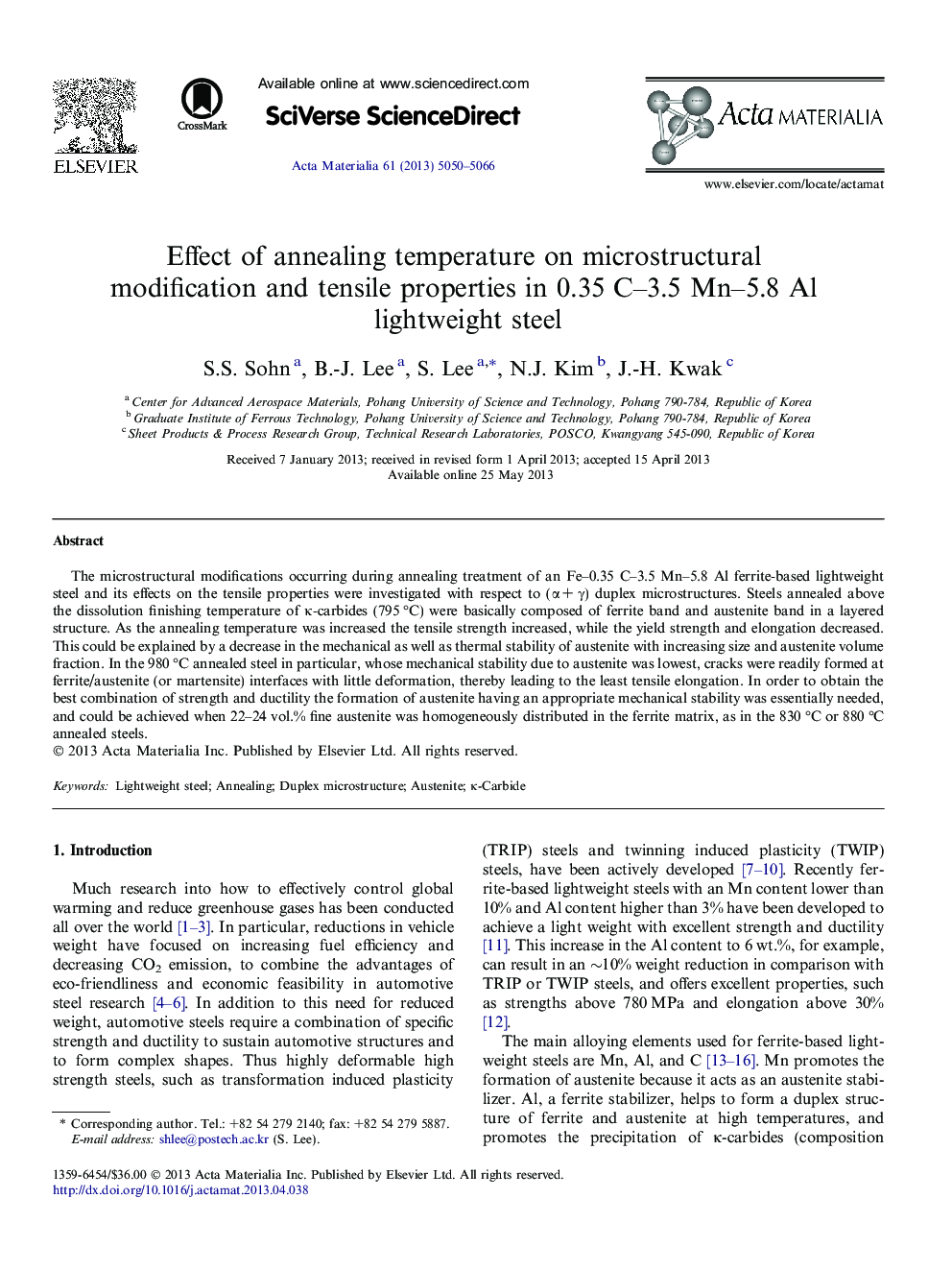 Effect of annealing temperature on microstructural modification and tensile properties in 0.35 C–3.5 Mn–5.8 Al lightweight steel