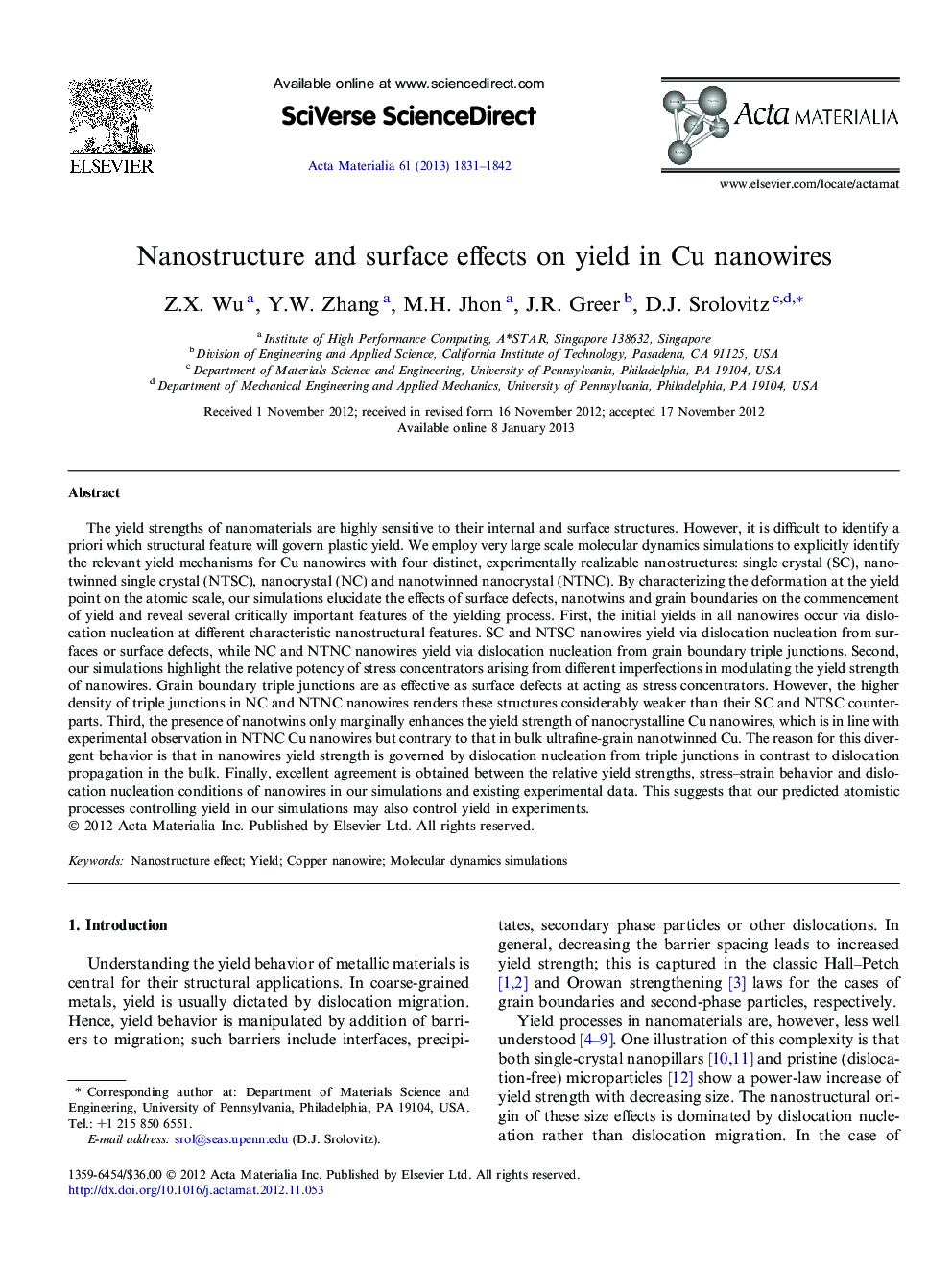 Nanostructure and surface effects on yield in Cu nanowires