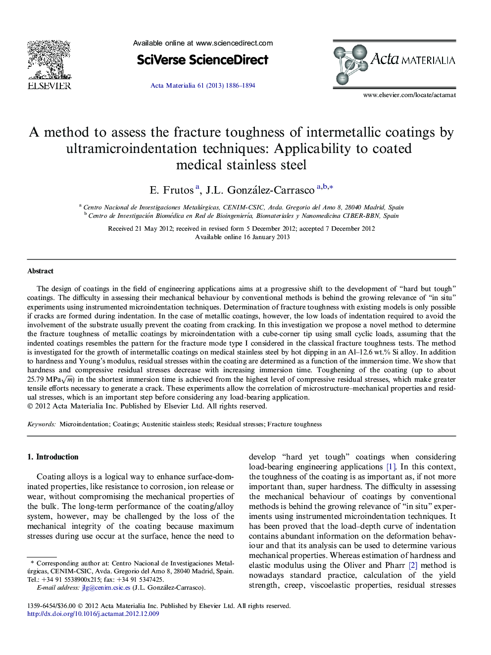 A method to assess the fracture toughness of intermetallic coatings by ultramicroindentation techniques: Applicability to coated medical stainless steel