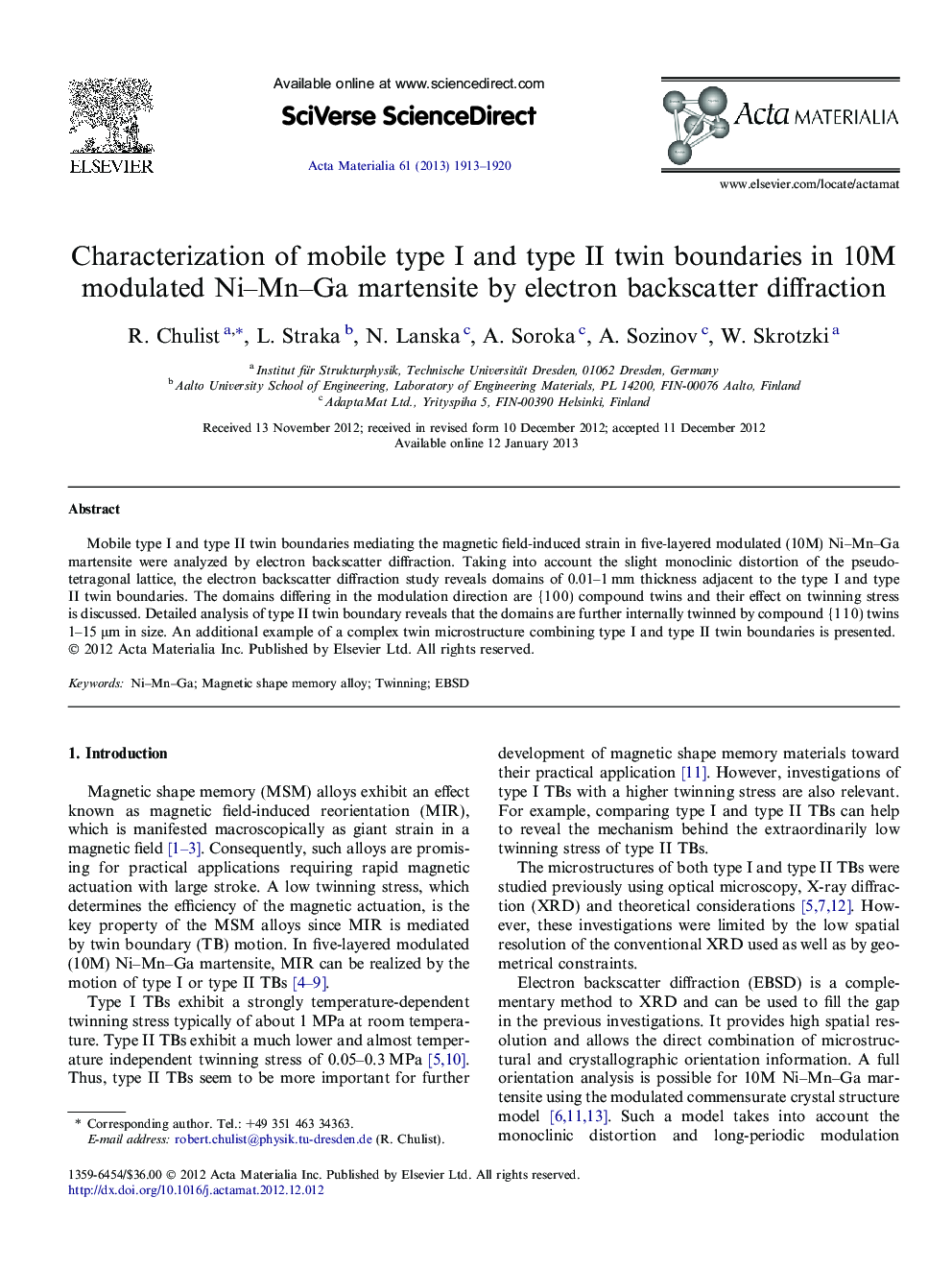 Characterization of mobile type I and type II twin boundaries in 10M modulated Ni–Mn–Ga martensite by electron backscatter diffraction