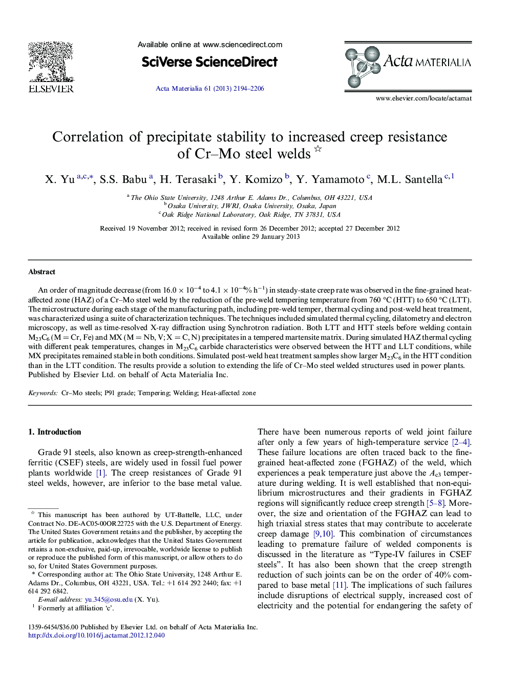 Correlation of precipitate stability to increased creep resistance of Cr–Mo steel welds 