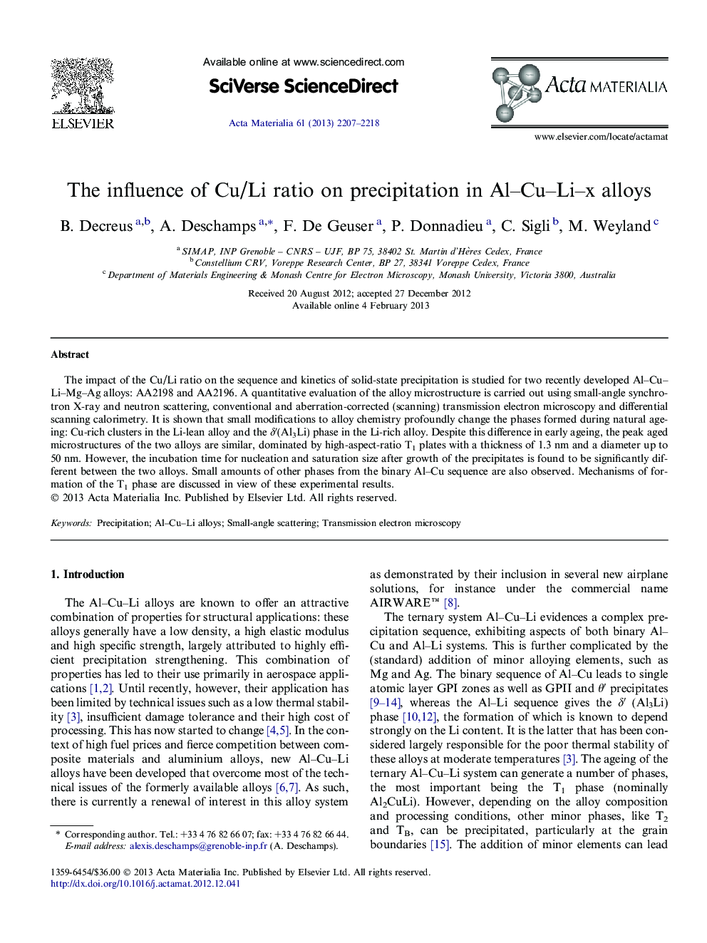 The influence of Cu/Li ratio on precipitation in Al–Cu–Li–x alloys