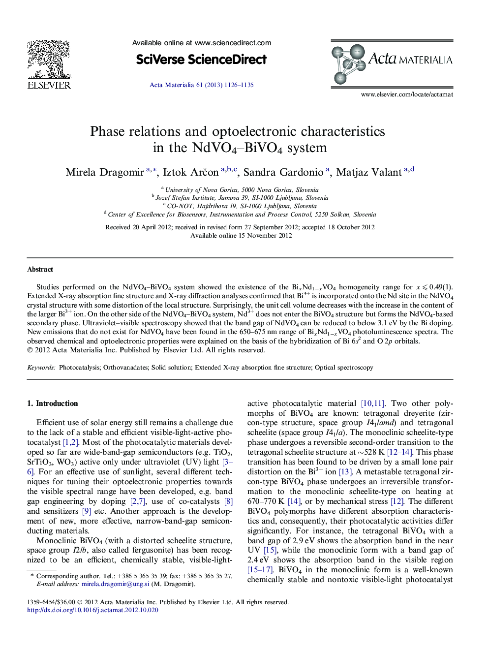 Phase relations and optoelectronic characteristics in the NdVO4–BiVO4 system