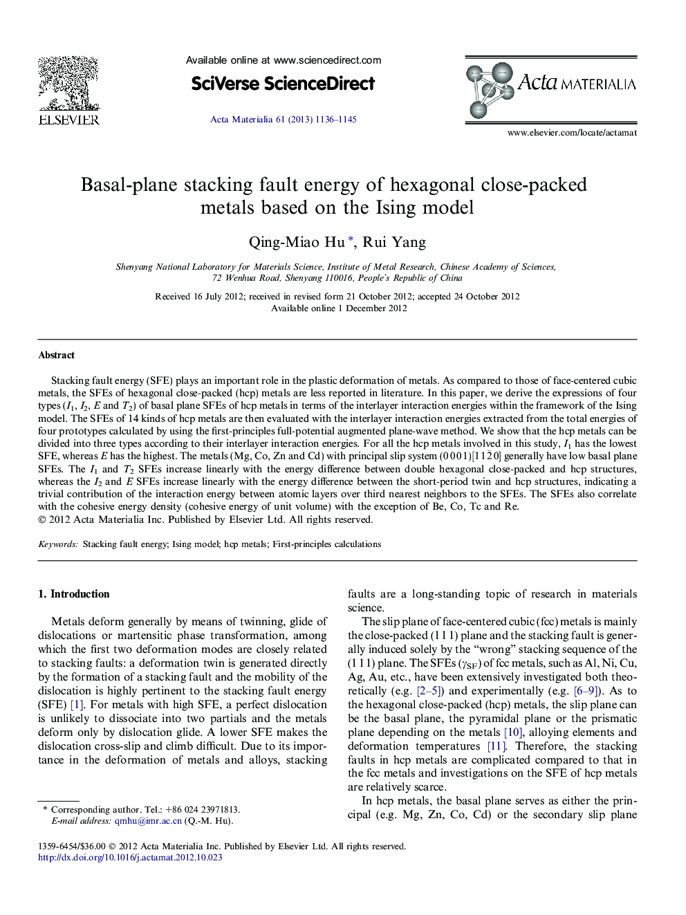 Basal-plane stacking fault energy of hexagonal close-packed metals based on the Ising model