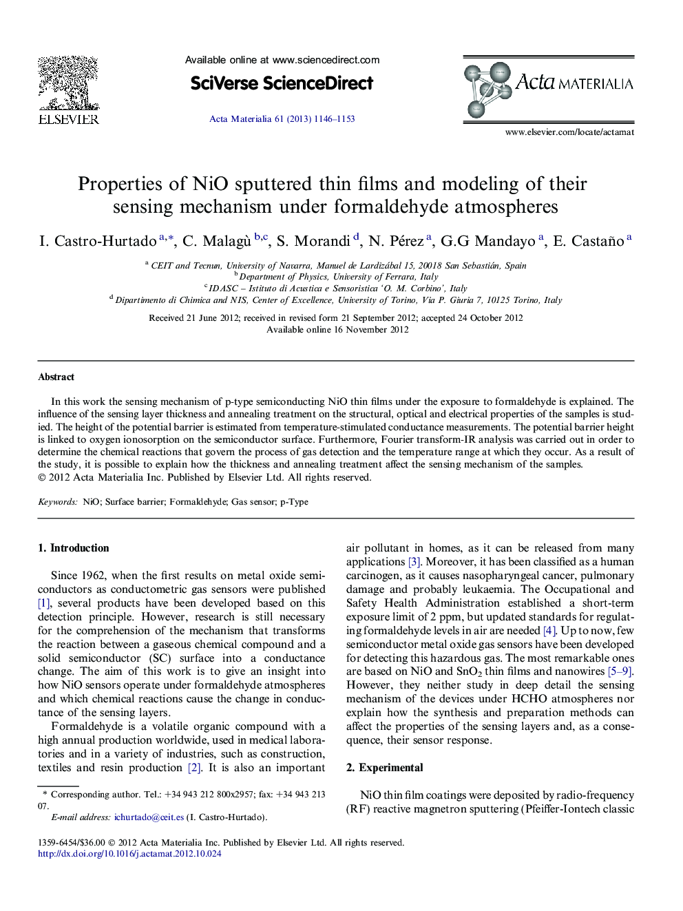 Properties of NiO sputtered thin films and modeling of their sensing mechanism under formaldehyde atmospheres