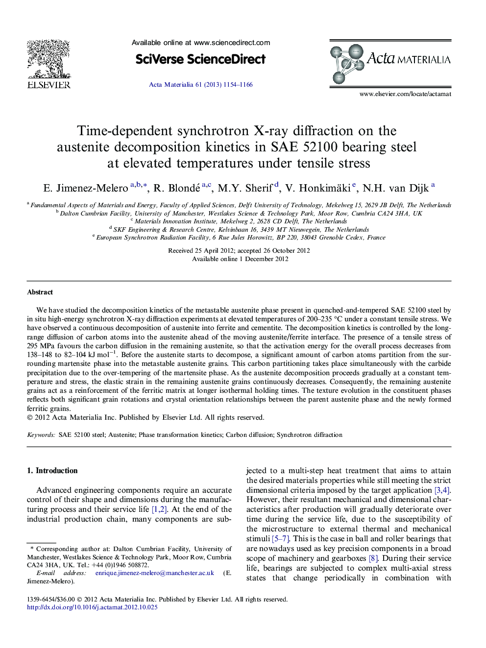 Time-dependent synchrotron X-ray diffraction on the austenite decomposition kinetics in SAE 52100 bearing steel at elevated temperatures under tensile stress
