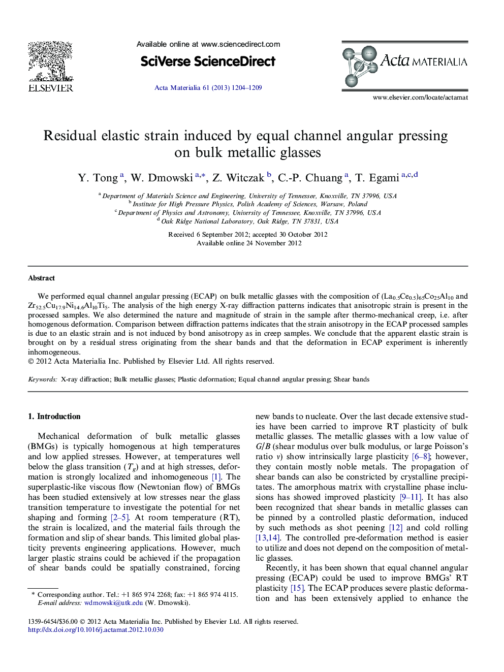 Residual elastic strain induced by equal channel angular pressing on bulk metallic glasses