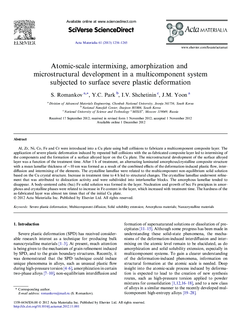 Atomic-scale intermixing, amorphization and microstructural development in a multicomponent system subjected to surface severe plastic deformation