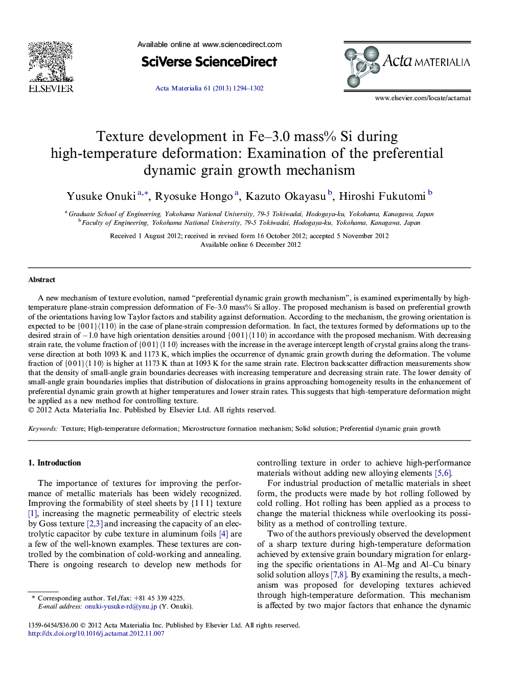 Texture development in Fe–3.0 mass% Si during high-temperature deformation: Examination of the preferential dynamic grain growth mechanism