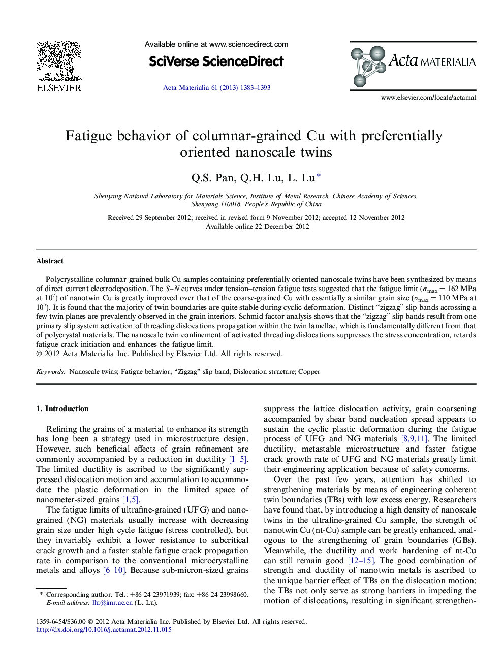 Fatigue behavior of columnar-grained Cu with preferentially oriented nanoscale twins