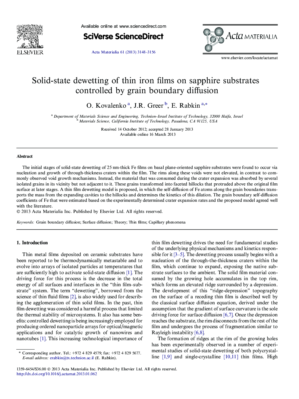 Solid-state dewetting of thin iron films on sapphire substrates controlled by grain boundary diffusion