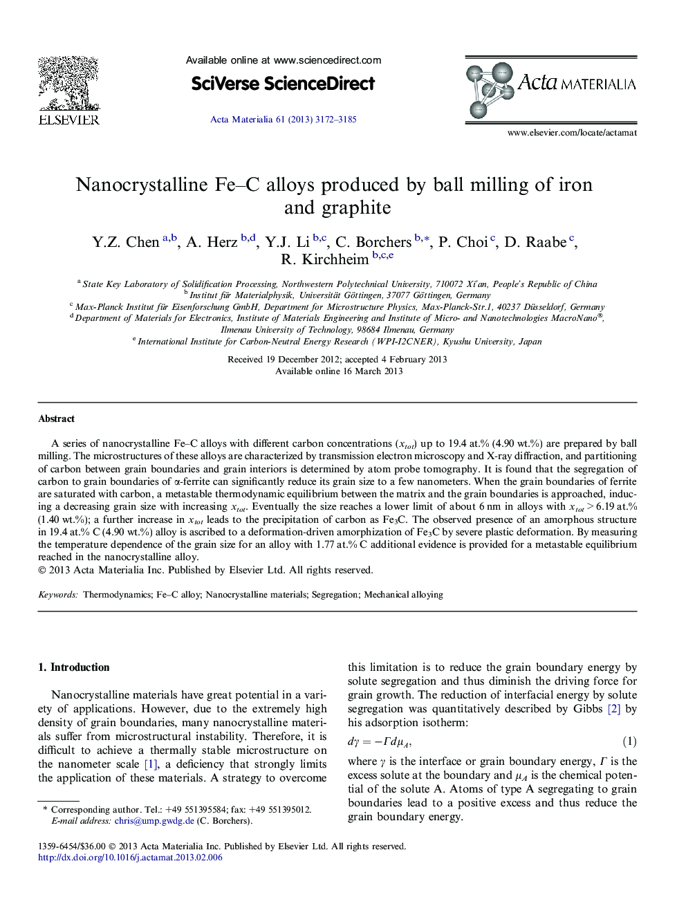 Nanocrystalline Fe–C alloys produced by ball milling of iron and graphite