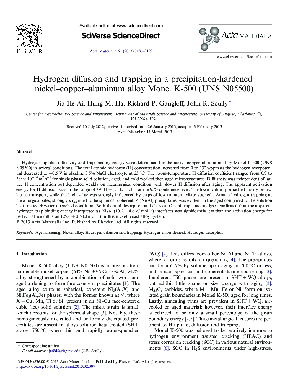 Hydrogen diffusion and trapping in a precipitation-hardened nickel–copper–aluminum alloy Monel K-500 (UNS N05500)