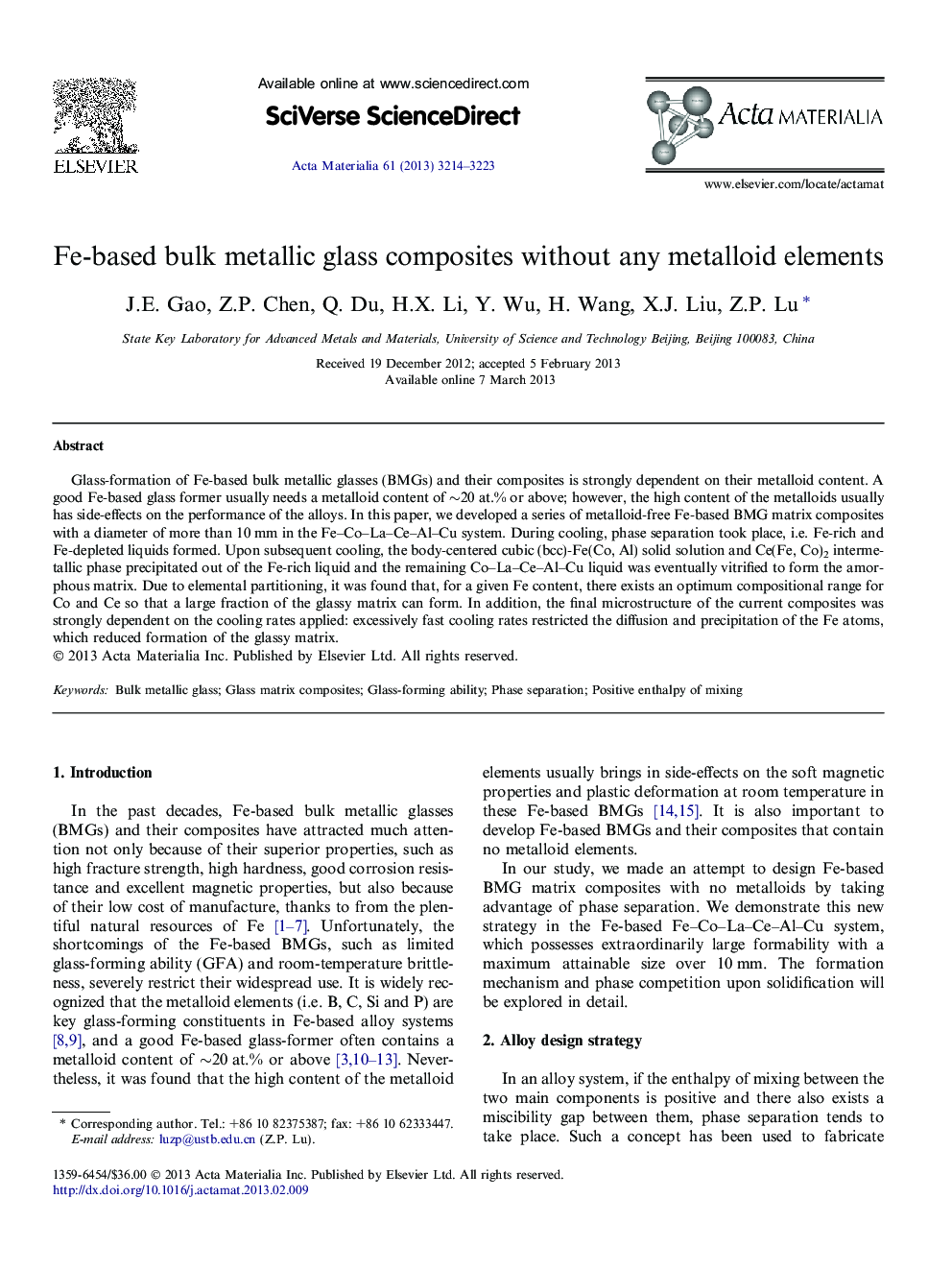 Fe-based bulk metallic glass composites without any metalloid elements