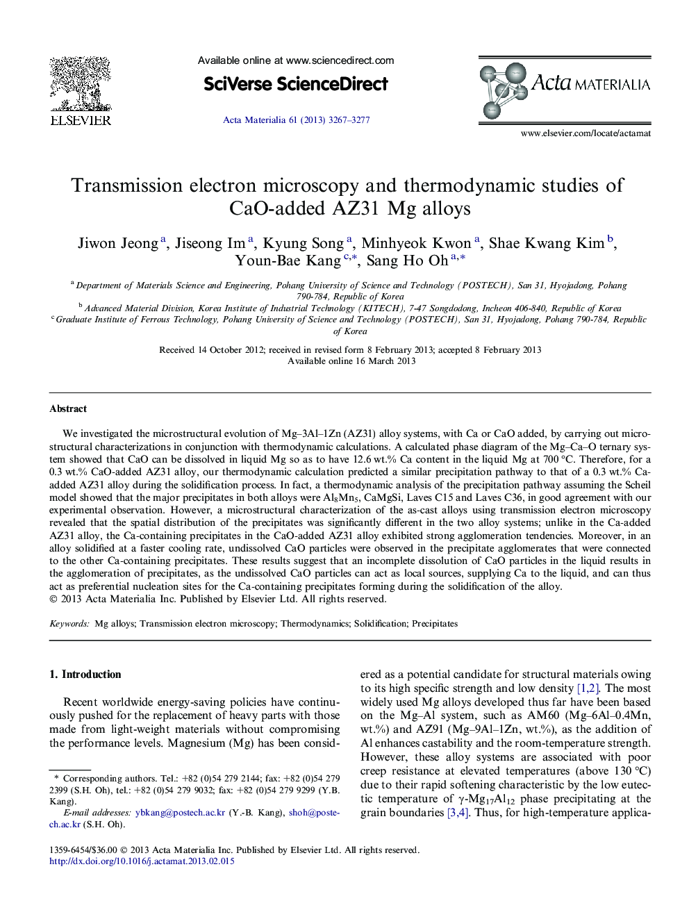 Transmission electron microscopy and thermodynamic studies of CaO-added AZ31 Mg alloys