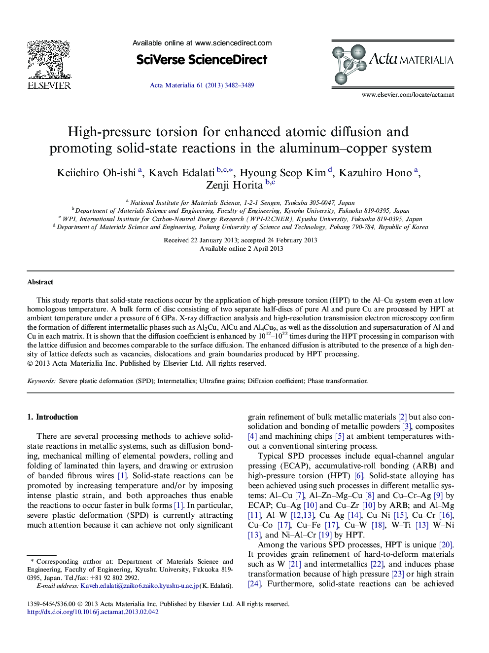 High-pressure torsion for enhanced atomic diffusion and promoting solid-state reactions in the aluminum–copper system