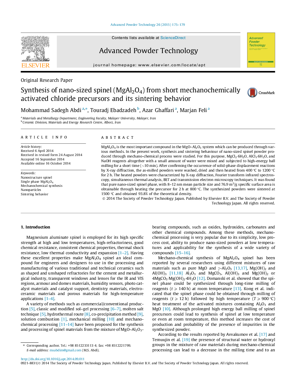 Synthesis of nano-sized spinel (MgAl2O4) from short mechanochemically activated chloride precursors and its sintering behavior