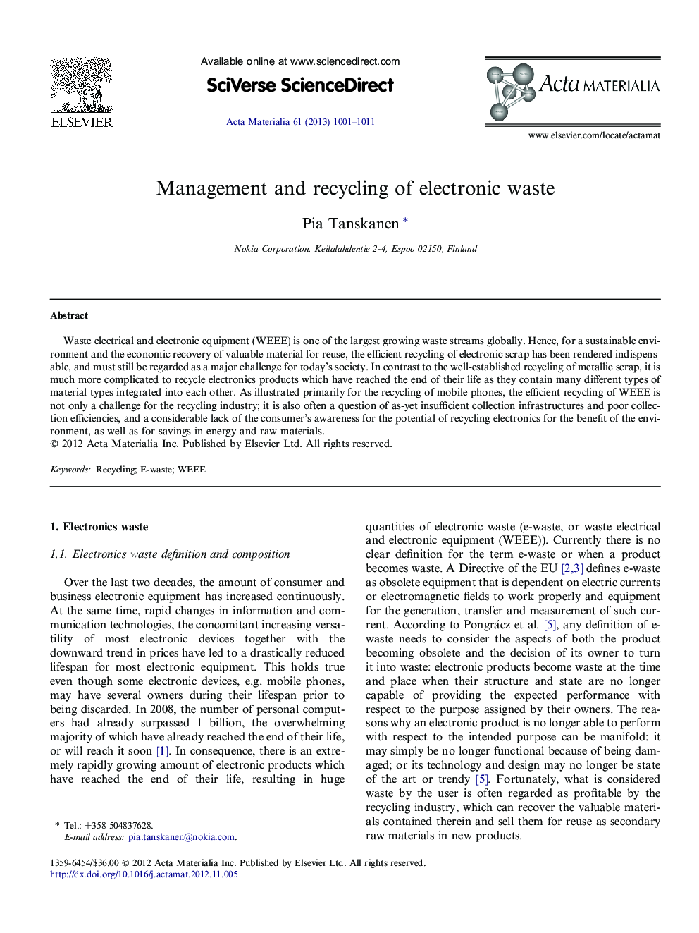 Management and recycling of electronic waste