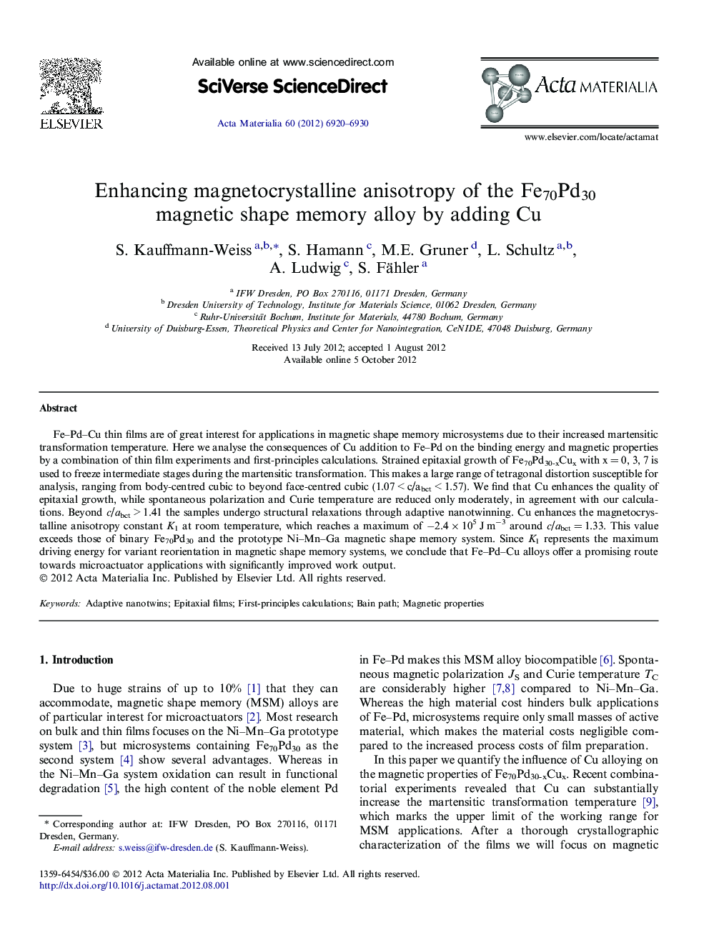 Enhancing magnetocrystalline anisotropy of the Fe70Pd30 magnetic shape memory alloy by adding Cu