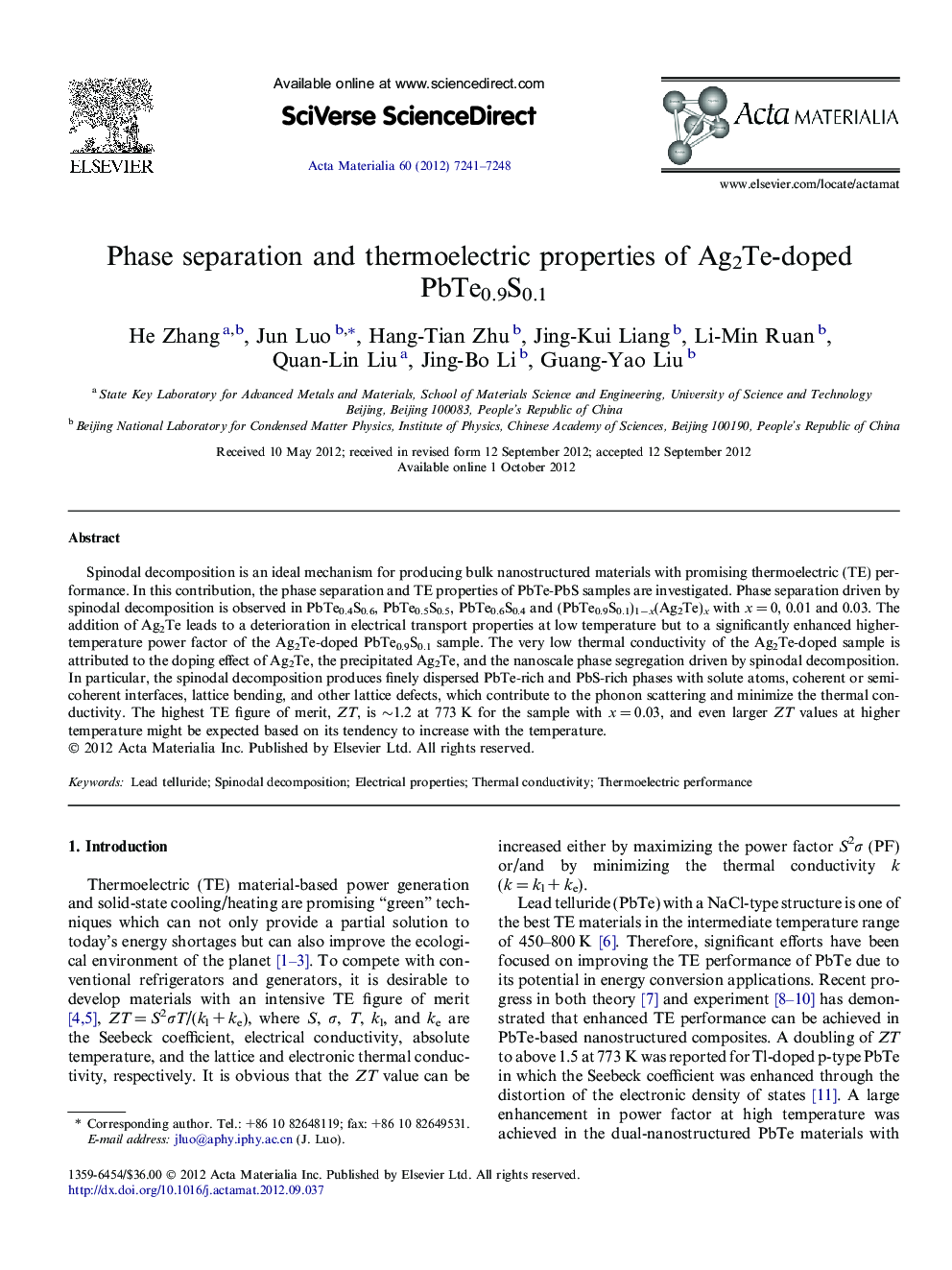 Phase separation and thermoelectric properties of Ag2Te-doped PbTe0.9S0.1