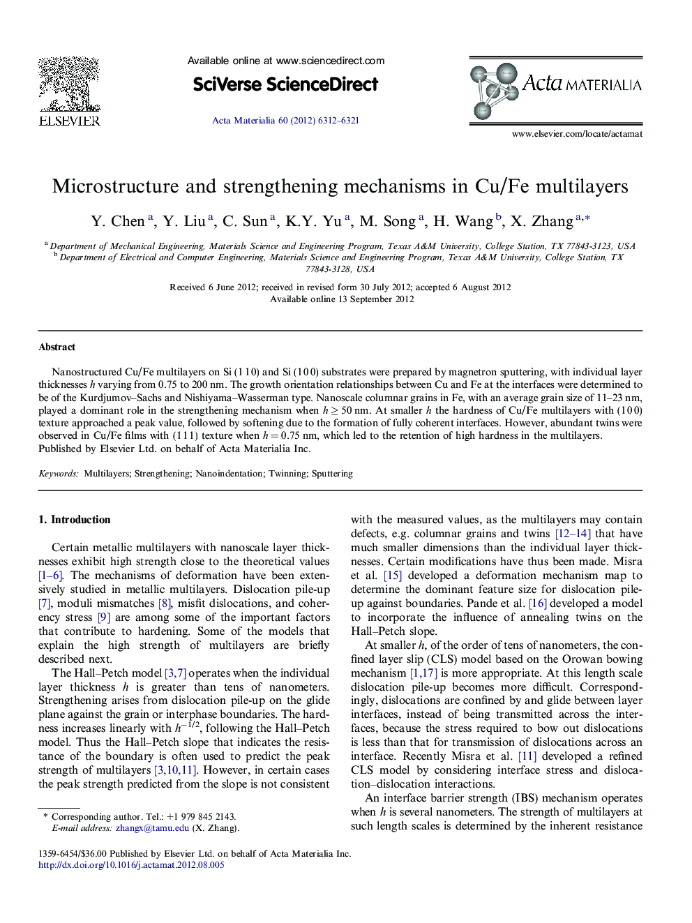 Microstructure and strengthening mechanisms in Cu/Fe multilayers