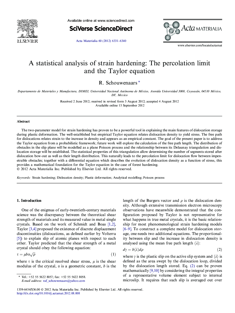 A statistical analysis of strain hardening: The percolation limit and the Taylor equation