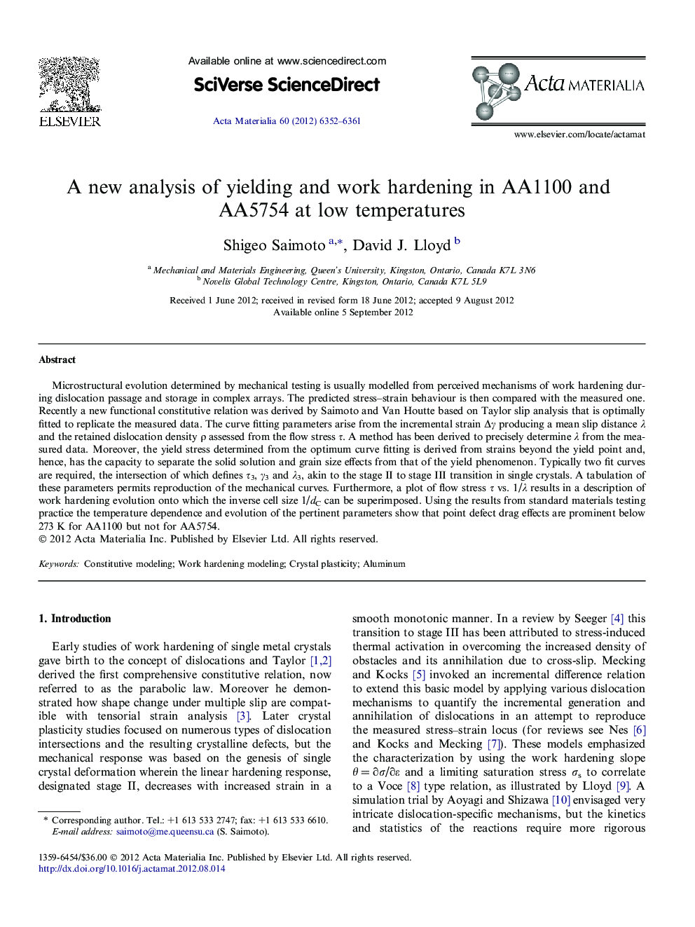 A new analysis of yielding and work hardening in AA1100 and AA5754 at low temperatures