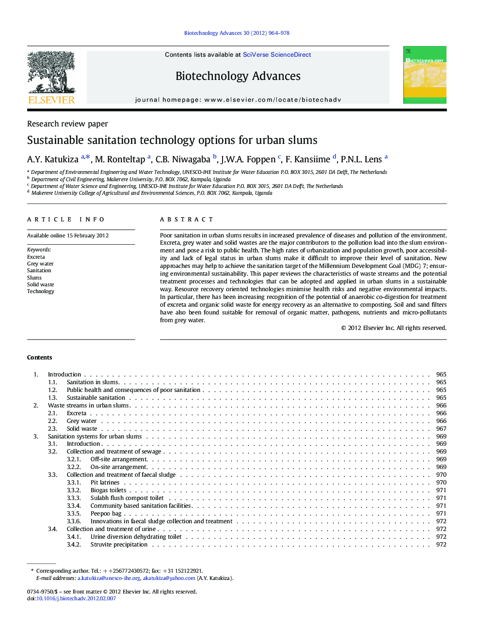 Sustainable sanitation technology options for urban slums