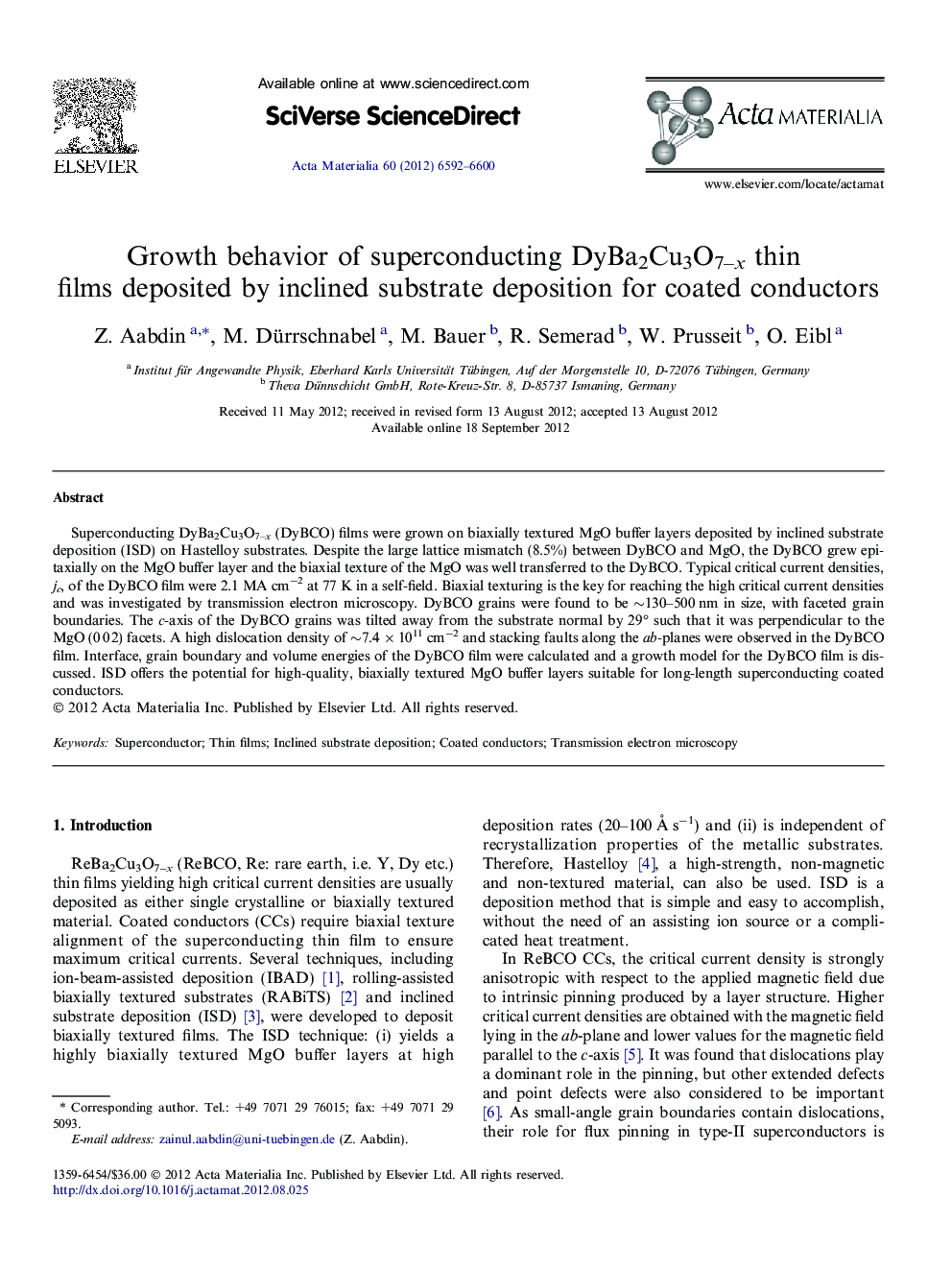 Growth behavior of superconducting DyBa2Cu3O7–x thin films deposited by inclined substrate deposition for coated conductors